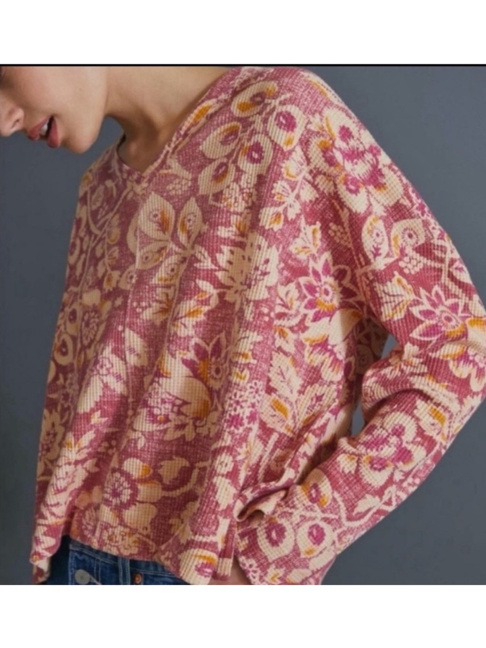 Anthropologie Pilcro Moira Oversized Boho Floral Waffle Thermal Pullover XS - Picture 2 of 9